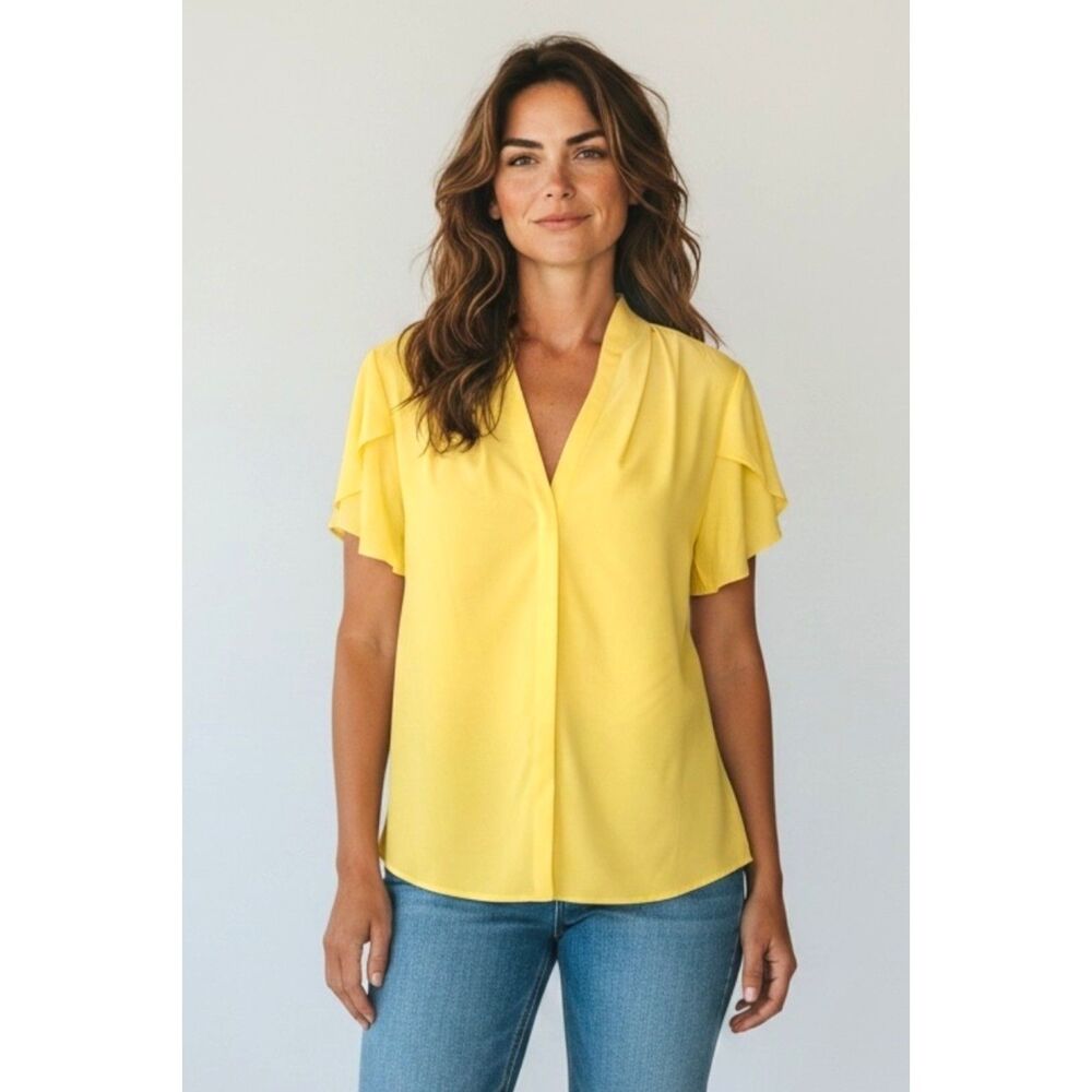 CALVIN KLEIN Women's Short Sleeves V -neck Yellow Top Sz XL